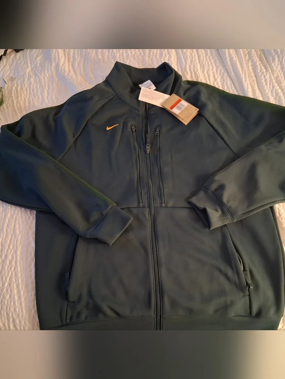 Nike Men's Dark Green Full-Zip Performance Jacket with Orange Swoosh